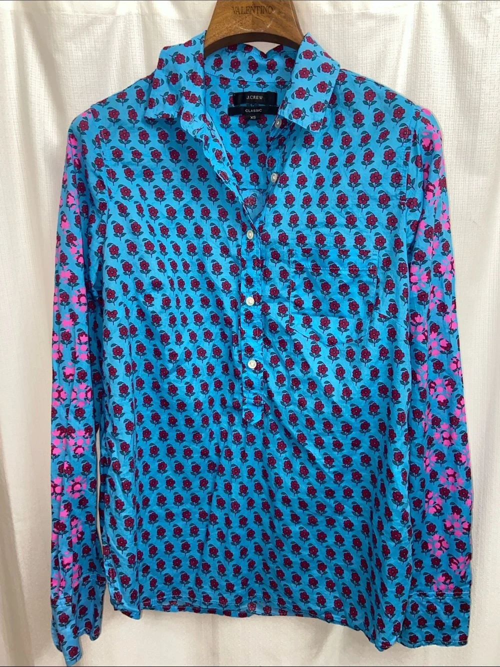 J. Crew Lightweight Cotton Turquoise Button-Down Shirt with Pink Floral Print